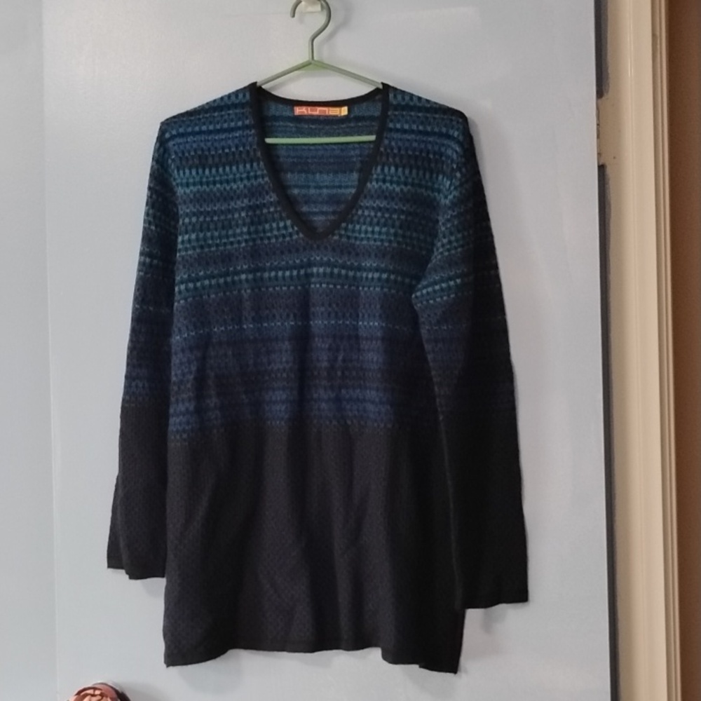 KUNA 100% Baby Alpaca Multi Blue Pattern Knit V Neck Sweater XL